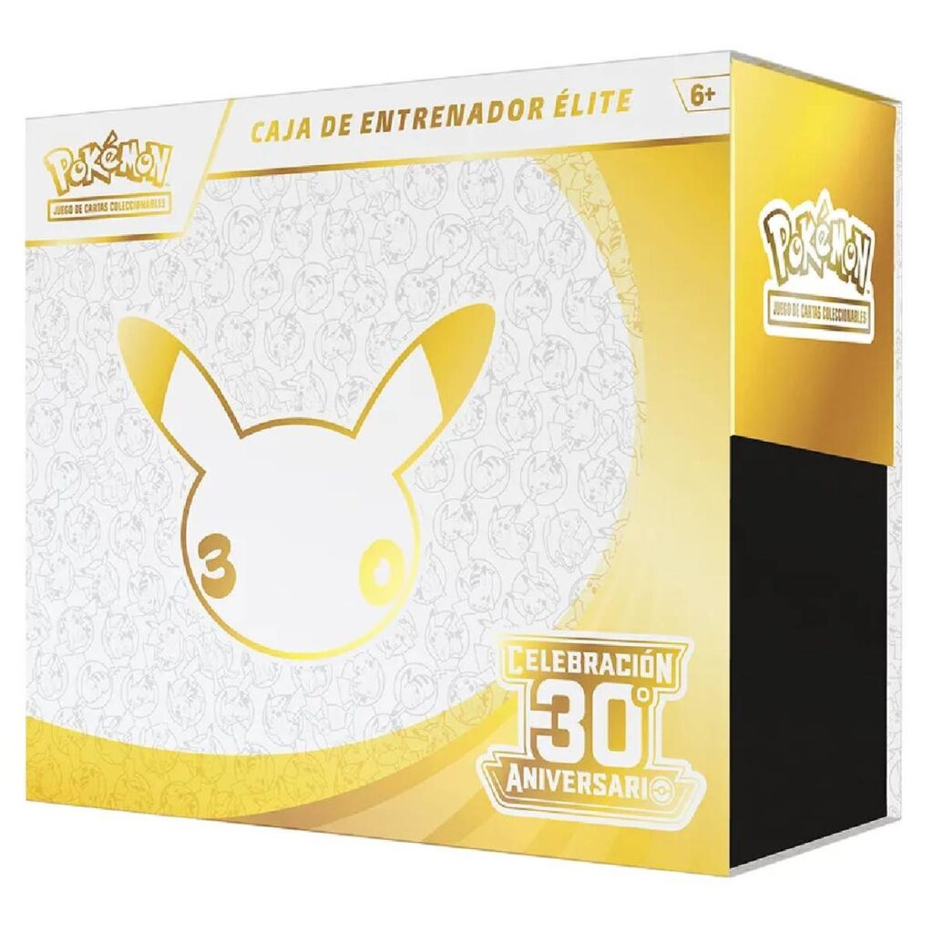Caja ETB Pokémon Celebración 30.º Aniversario en español, vista frontal.
